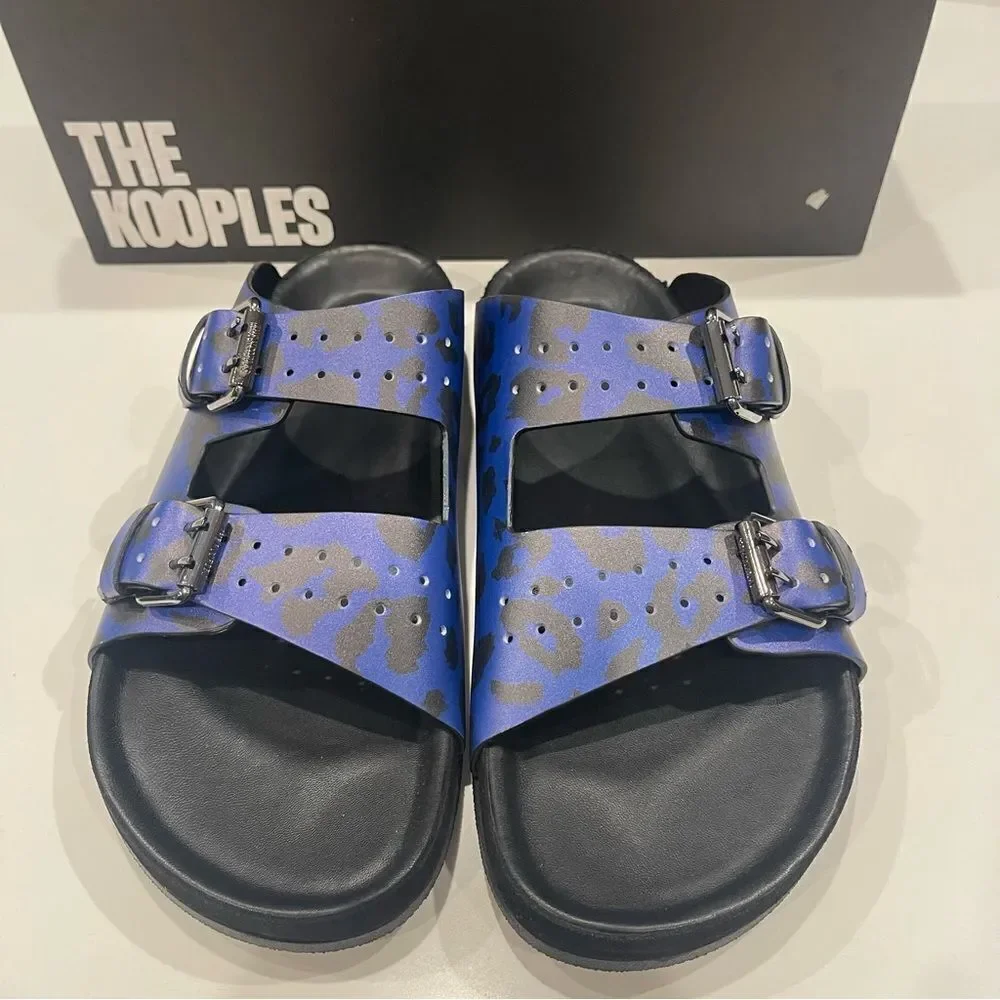 THE KOOPLES BLUE LEATHER LEOPARD-PRINT SANDALS NIB size 41